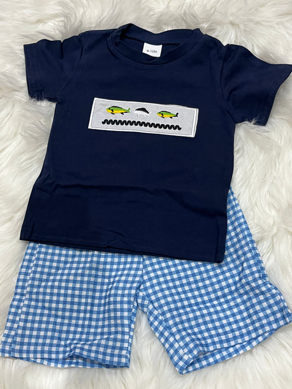 Fish trio navy blue gingham boy short set