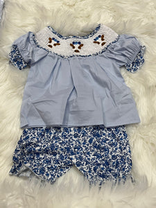 Blue cow smocked floral bloomer set