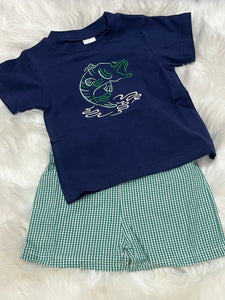 Bass embroidered navy green gingham boy short set