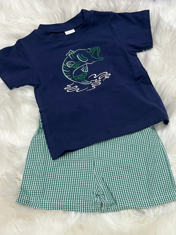 Bass embroidered navy green gingham boy short set