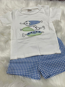 Blue white gingham fishing lure boy short set