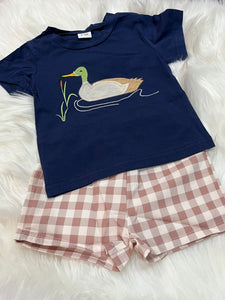 Navy tan gingham duck applique short set