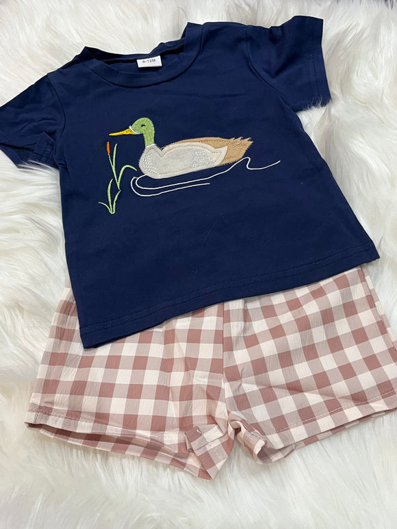 Navy tan gingham duck applique short set
