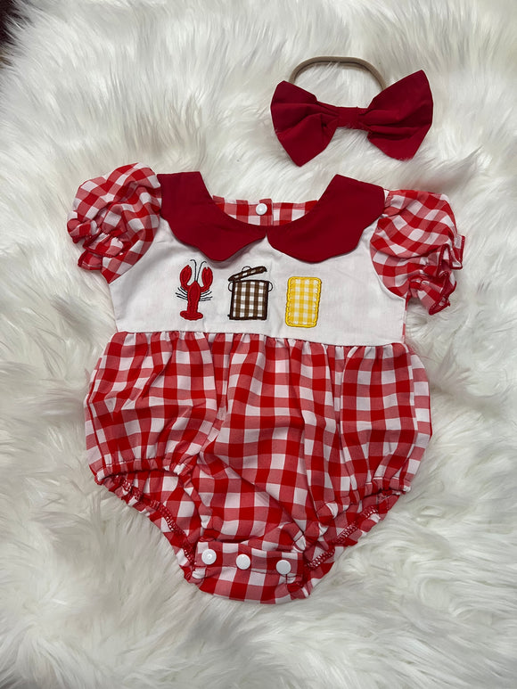 Crawfish boil red gingham collared bubble with bow
