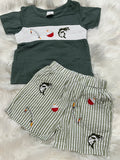 Smocked fishing pole cork bass trio embroidered boy short set
