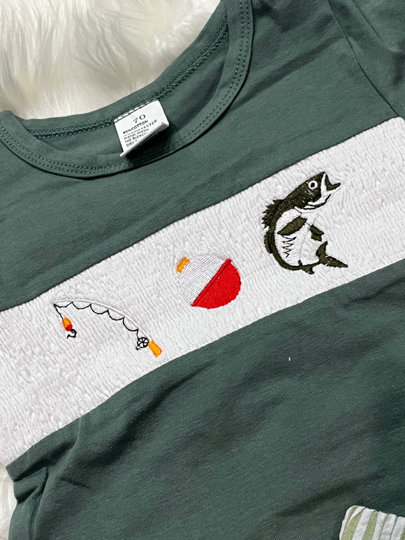 Smocked fishing pole cork bass trio embroidered boy short set