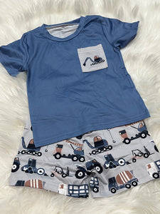 Blue excavator pocket boys printed short set