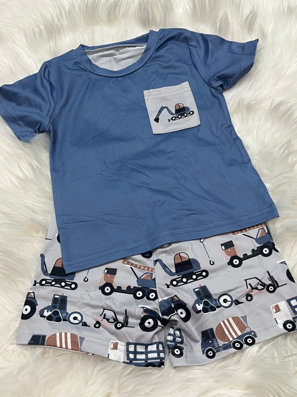 Blue excavator pocket boys printed short set