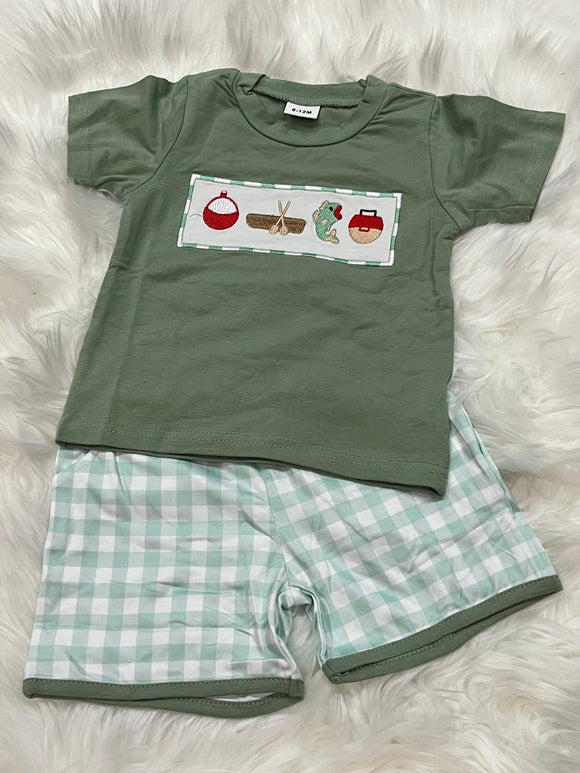 Cork, boat, fish, tackle box boys short set