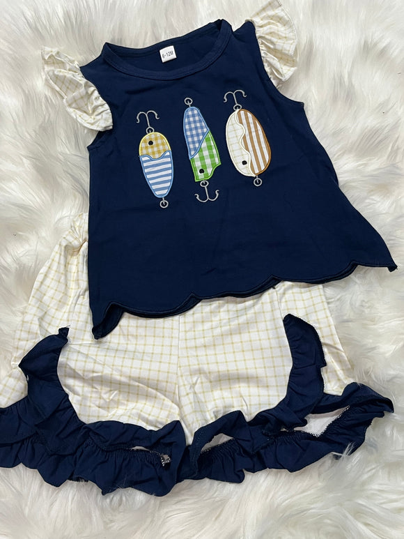 Girls navy fishing lure trio short set