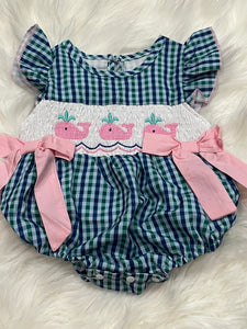 Pink green plaid smocked whale bubble