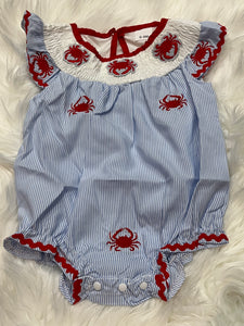 Blue striped crab applique trio smock bubble