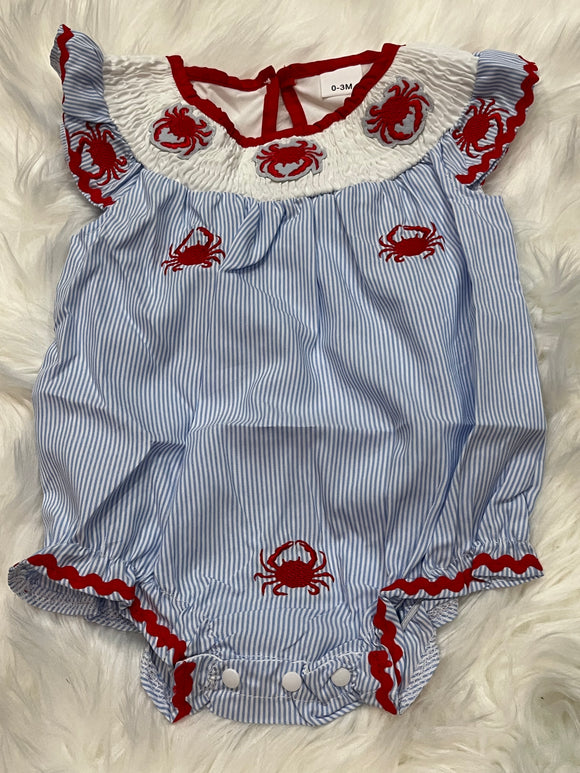 Blue striped crab applique trio smock bubble