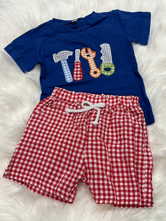 Blue tool applique gingham boy short set