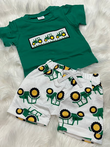 Green tractor trio embroidered printed short set