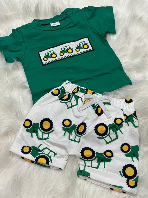 Green tractor trio embroidered printed short set