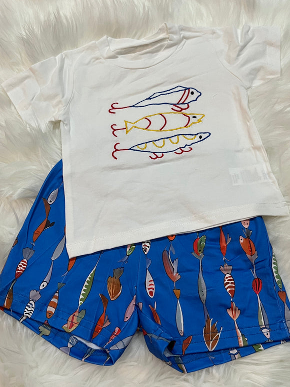 Embroidered white fishing lure printed boys short set