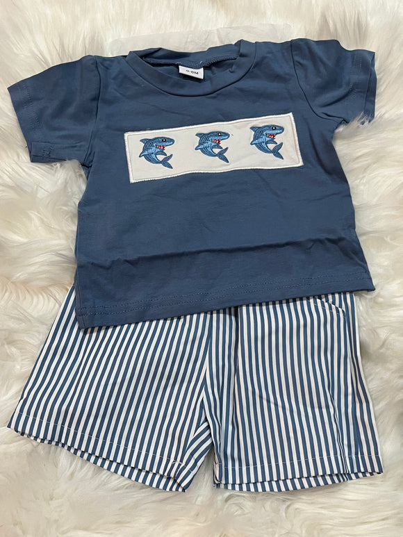 Blue shark trio boys short set