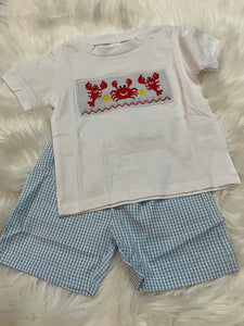 Lobster crab trio gingham blue short set
