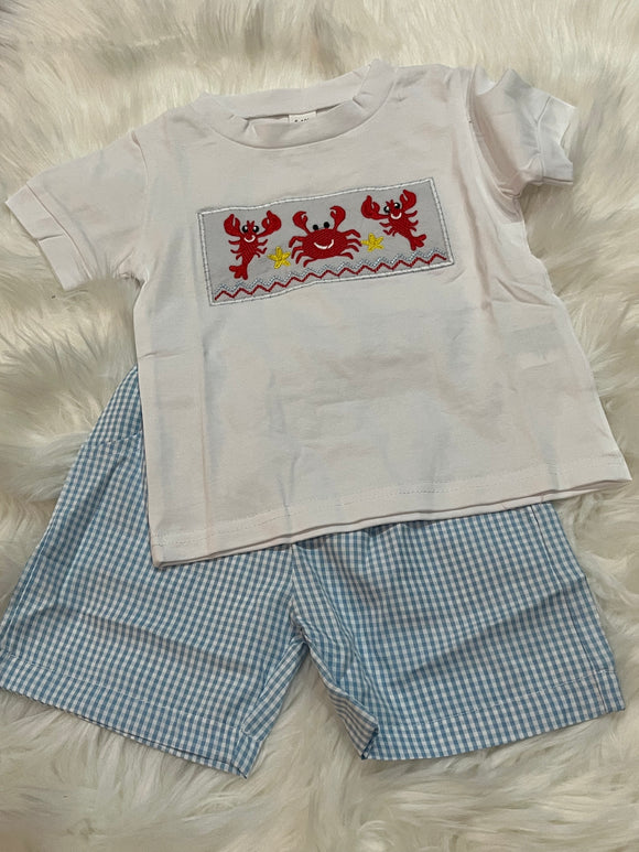 Lobster crab trio gingham blue short set
