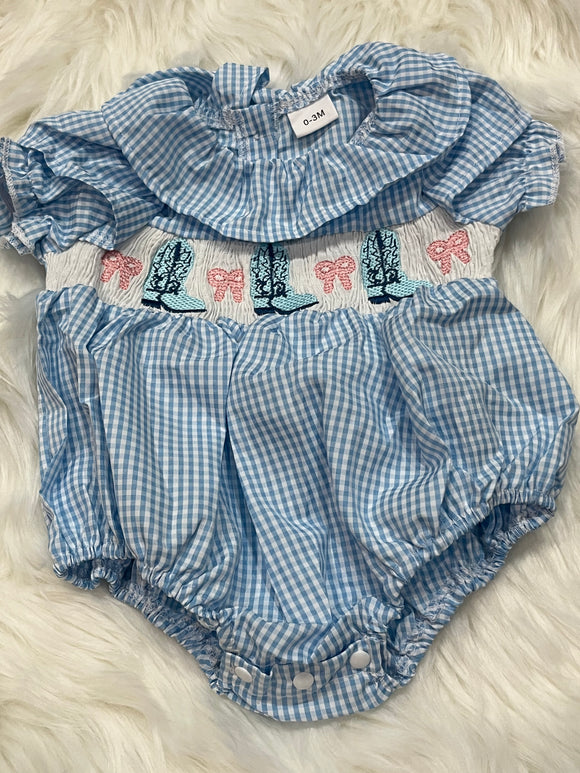 Blue boot blue gingham smocked bubble