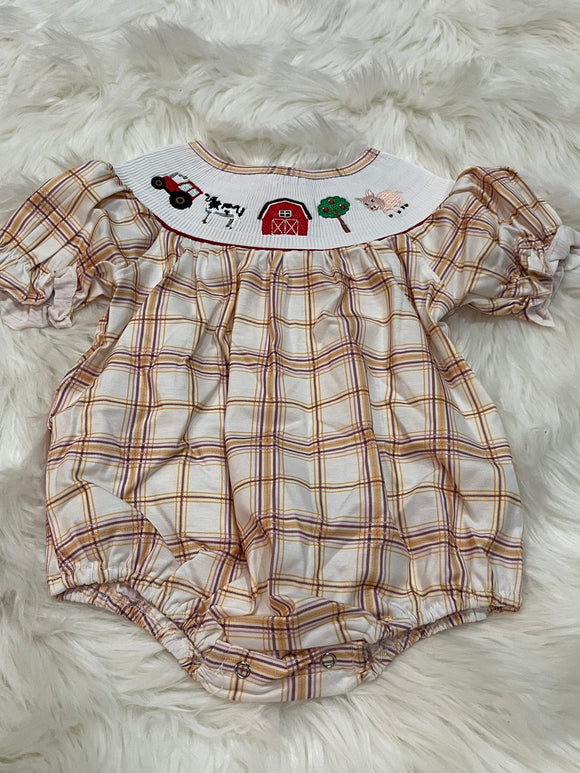 12m tan plaid smocked farm bubble
