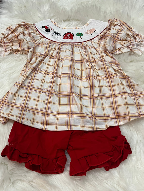 Tan plaid girls farm smocked short set