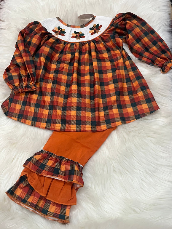 Orange plaid turkey long sleeve smocked ruffle pant set