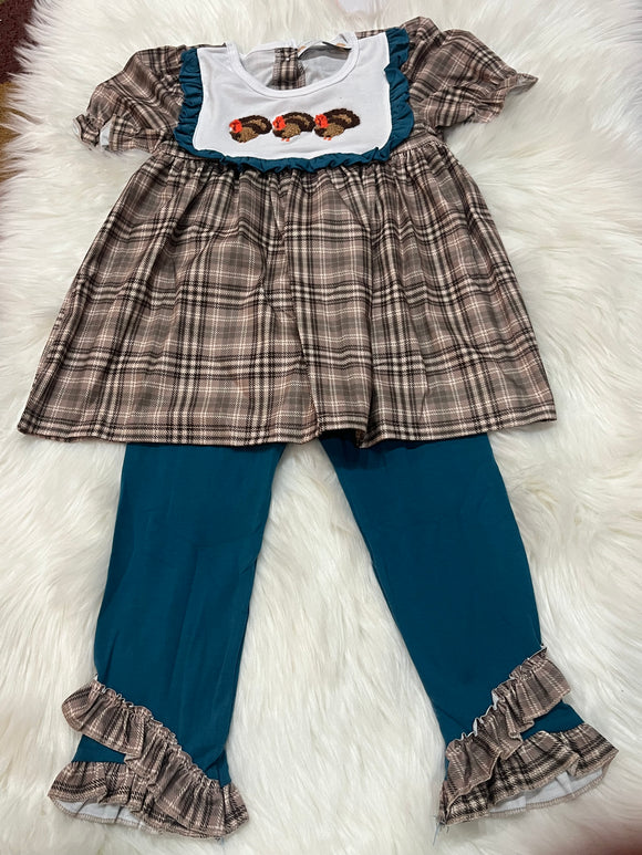 Blue tan French knot turkey pant set girls