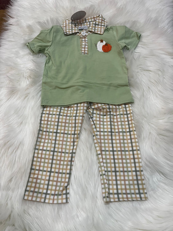 Sage plaid collared French knot pumpkin boy pant set