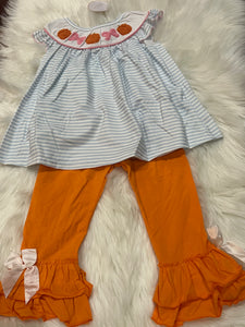 Pumpkin bow French knot girls ruffle pant set