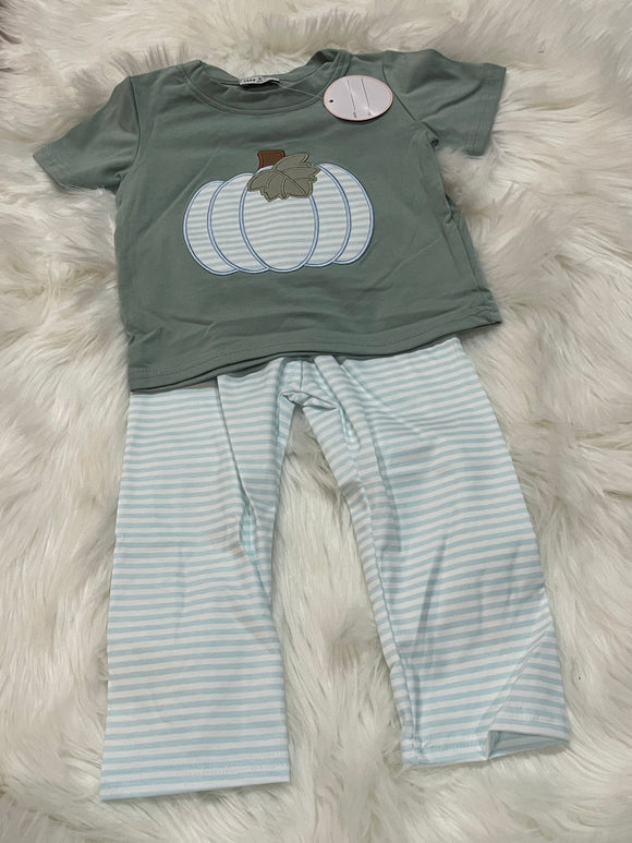 Sage blue pumpkin boys applique pant set
