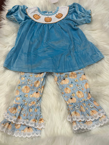 Blue velvet pumpkin trio ruffle pant set