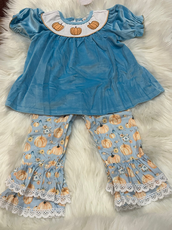 Blue velvet pumpkin trio ruffle pant set