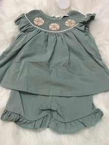 Sage sand dollar smocked girls short set