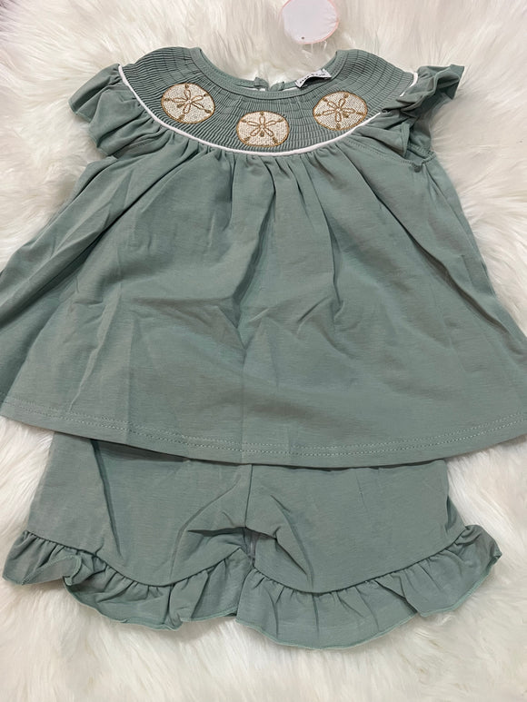 Sage sand dollar smocked girls short set