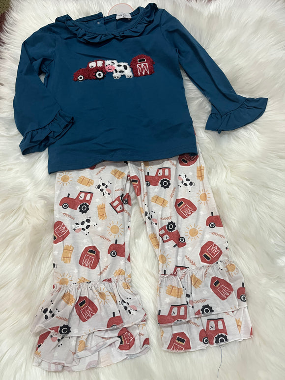 Blue French knot farm ruffle pant set