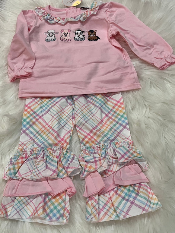 Pink rainbow plaid farm animal pant set