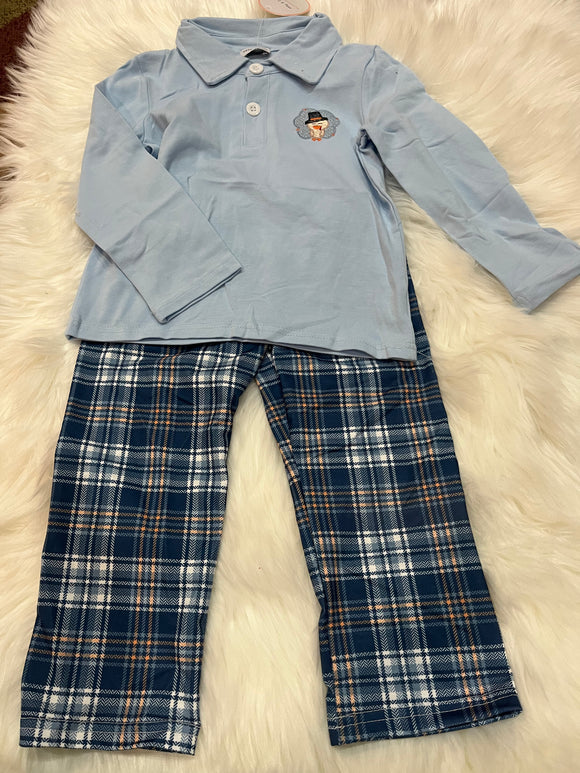 Blue plaid boys turkey pant set collared