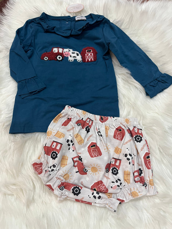 Blue French knot farm bloomer set