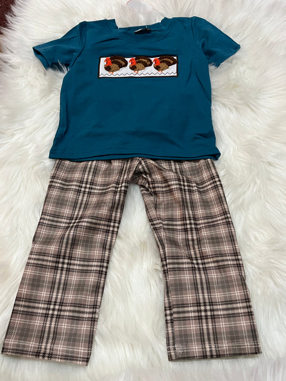 Blue tan turkey French knot boy pant set
