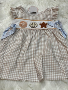 Sea shell French knot tan dress