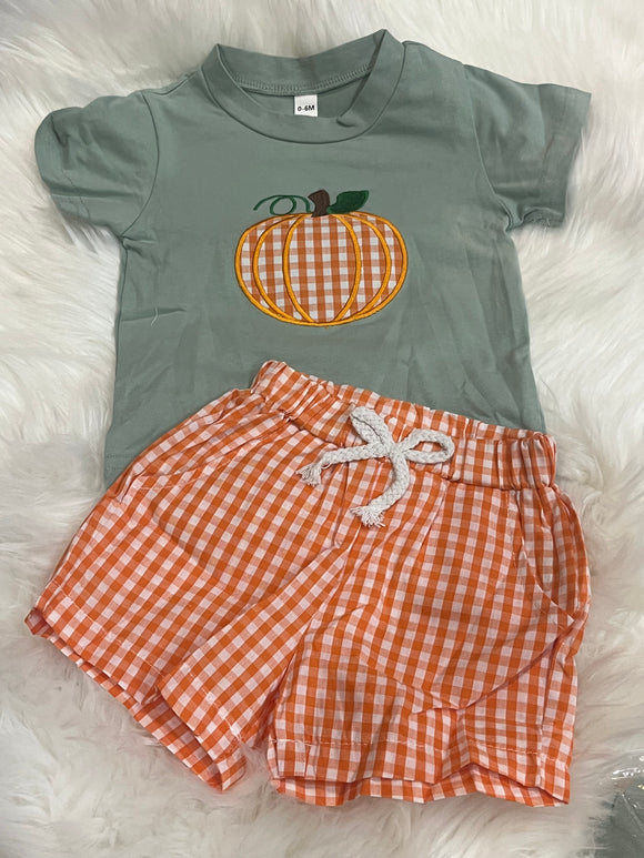 Sage orange gingham pumpkin applique boy short set