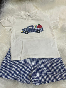 Blue gingham pickup truck apple book boy school short set