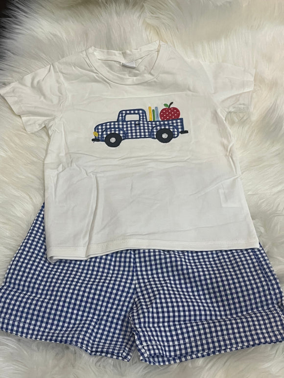 Blue gingham pickup truck apple book boy school short set