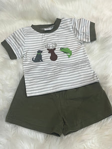 Dog deer fish stripe army green boy short set