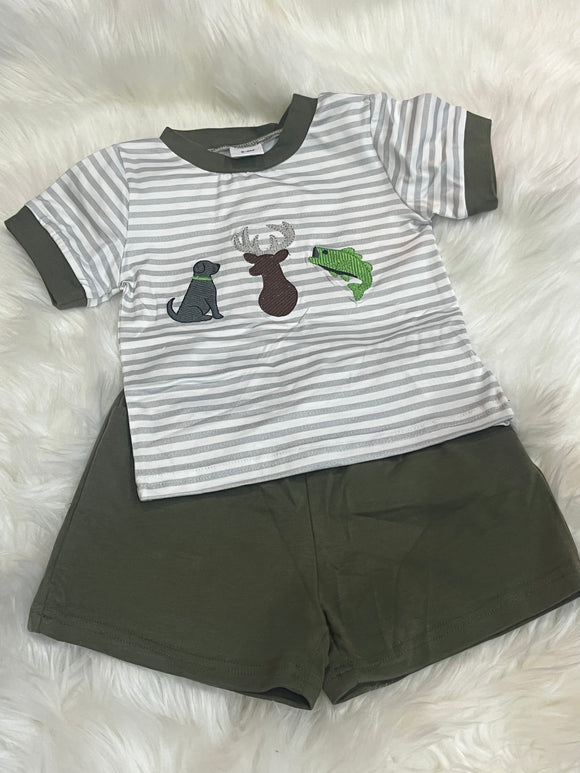 Dog deer fish stripe army green boy short set