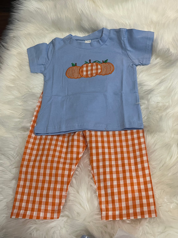 Blue orange gingham pumpkin boy applique trio boy pant set