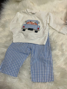 Blue gingham truck pumpkin boy pant set