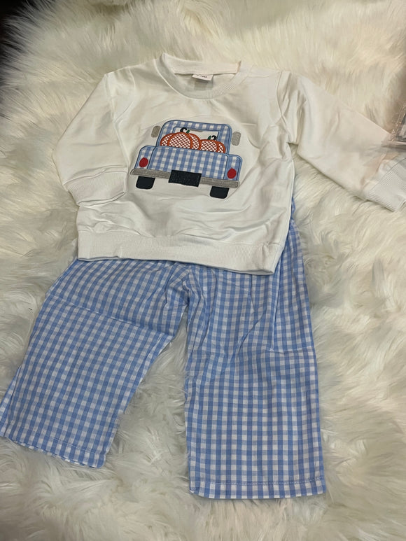 Blue gingham truck pumpkin boy pant set